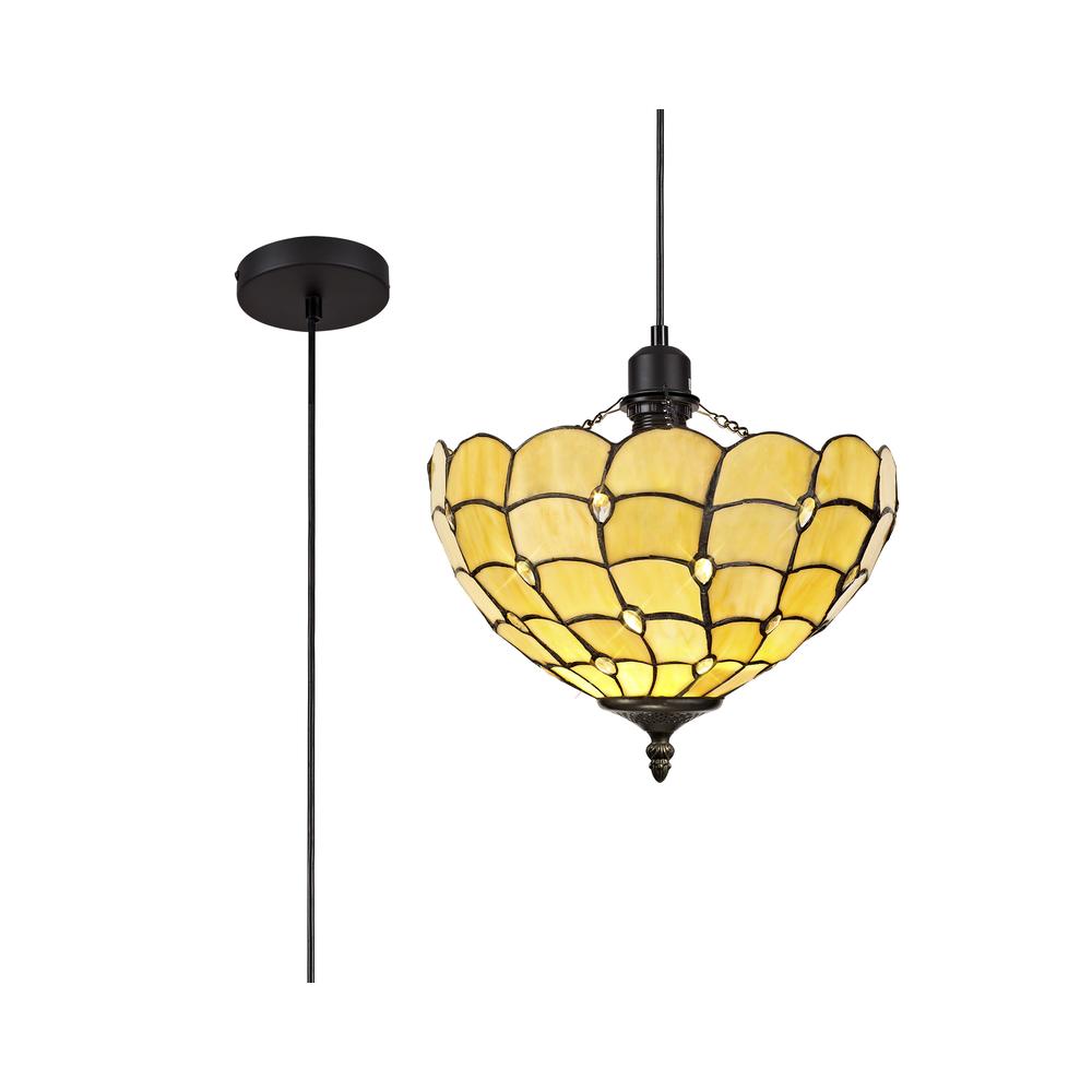 Luxuria Luna 1 Light Uplighter Pendant E27 With 30cm Tiffany Shade Beige/Clear Crystal/Black