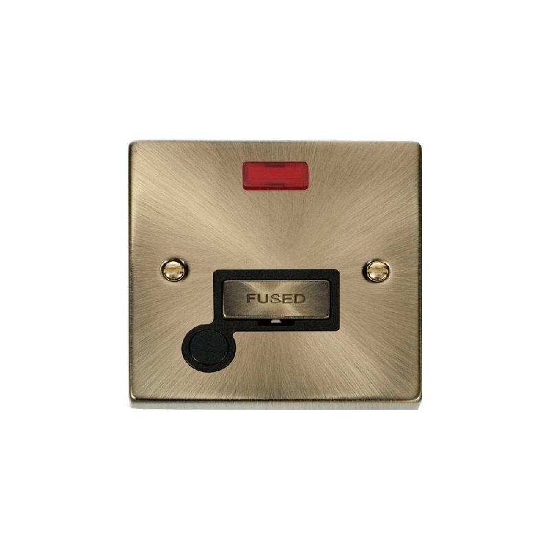 Click Deco 13A Fused 'Ingot' Connection Unit With Flex Outlet & Neon Antique Brass Insert Black