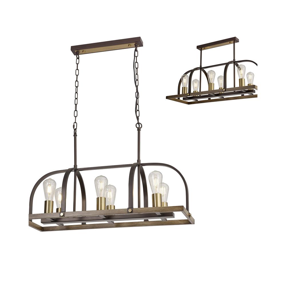 Luxuria Lunette Pendant/Semi Flush Oblong 6 Light E27 Brown Oxide / Antique Bronze / Wood