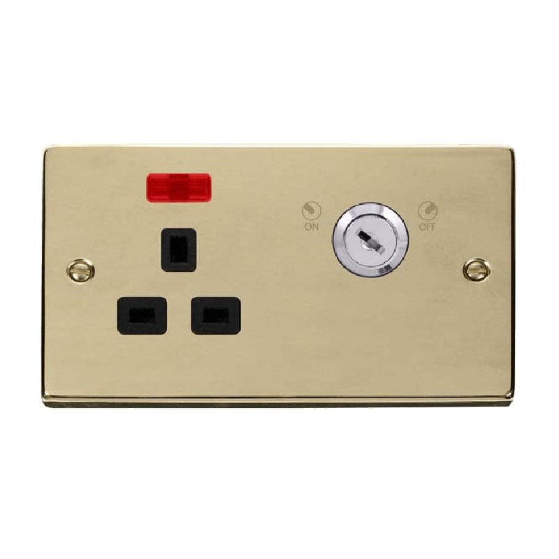 Click Deco 13A 1G Double Pole Key Lockable Socket with Neon Polished Brass Insert Black