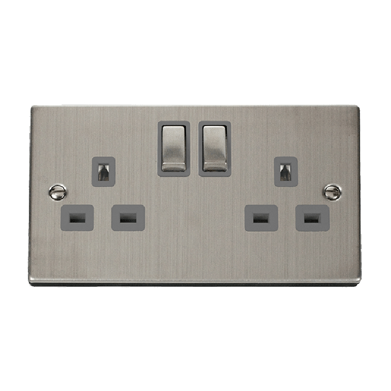 Click Deco 2 Gang 13A DP 'Ingot' Switched Socket Outlet (Twin Earth) Stainless Steel Insert Grey