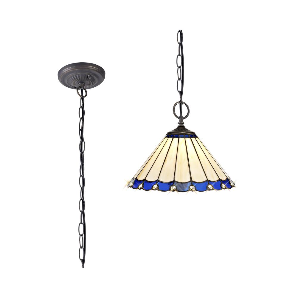 Luxuria Sleek 2 Light Downlighter Pendant E27 With 30cm Tiffany Shade Blue/Cream/Crystal/Aged Antique Brass