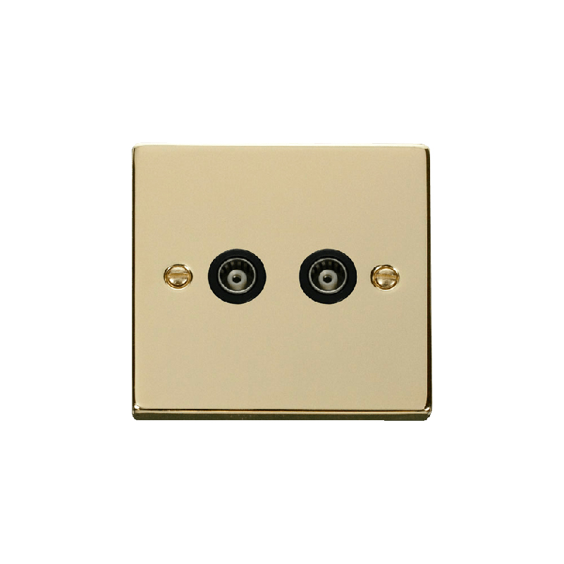 Click Deco Twin Isolated Coaxial Socket Outlet Polished Brass Insert Black