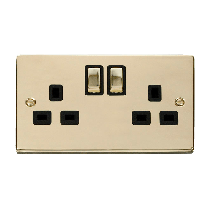 Click Deco 2 Gang 13A DP 'Ingot' Switched Socket Outlet (Twin Earth) Polished Brass Insert Black