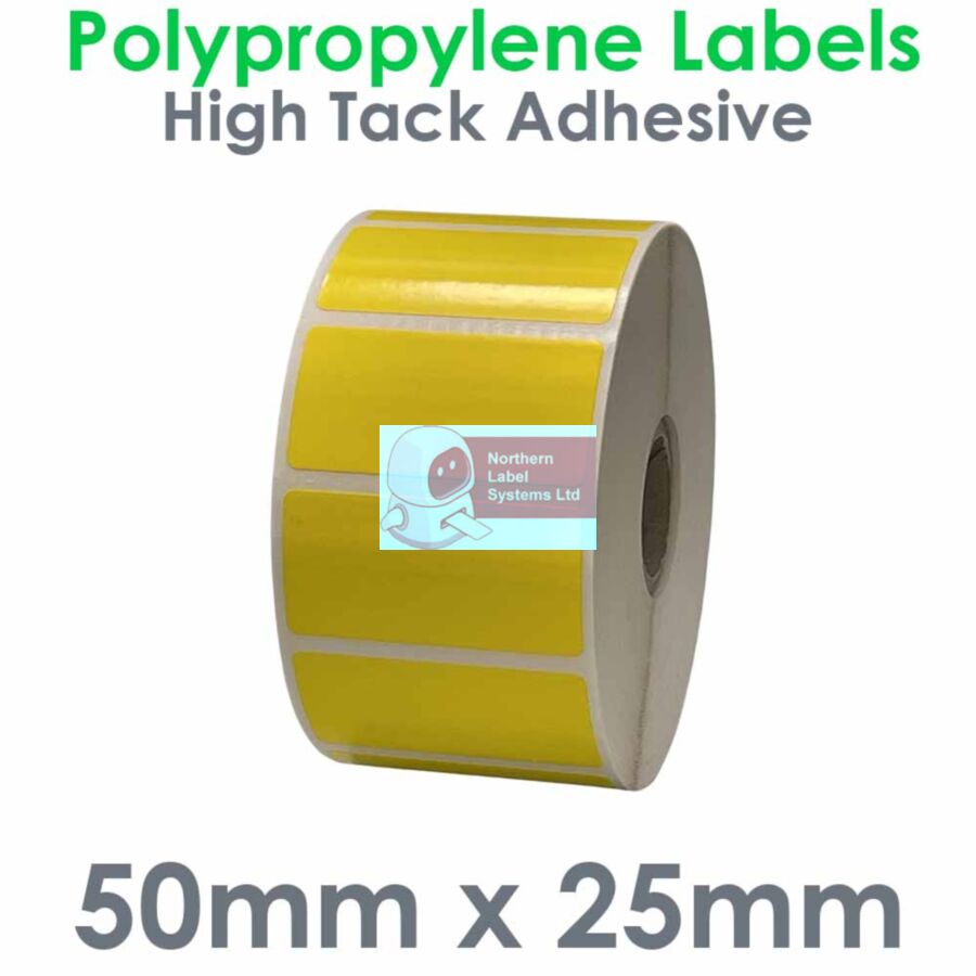 050025GPYHY1-2000, 50mm x 25mm PREMIUM Gloss Yellow Polypropylene Label, HIGH TACK Permanent Adhesive, FOR SMALL DESKTOP LABEL PRINTERS