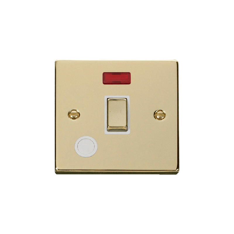 Click Deco 20A 1 Gang DP 'Ingot' Switch With Flex Outlet and Neon Polished Brass Insert White