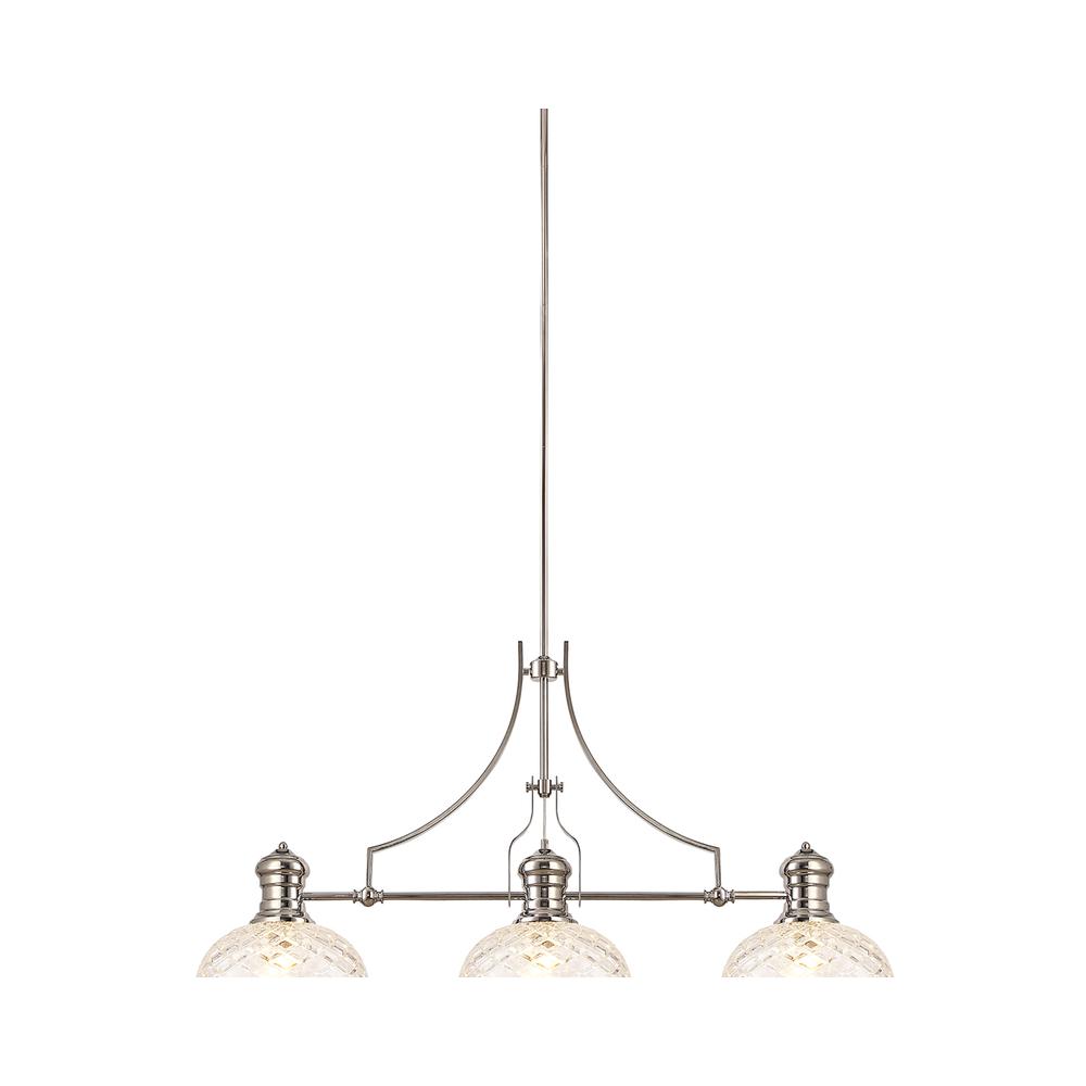 Luxuria Serena Linear Pendant With 30cm Flat Round Patterned Shade 3xE27 Polished Nickel/Clear Glass