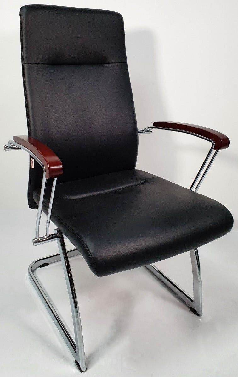 Black Leather Visitor Chair with Wood Arms - JL565C Huddersfield