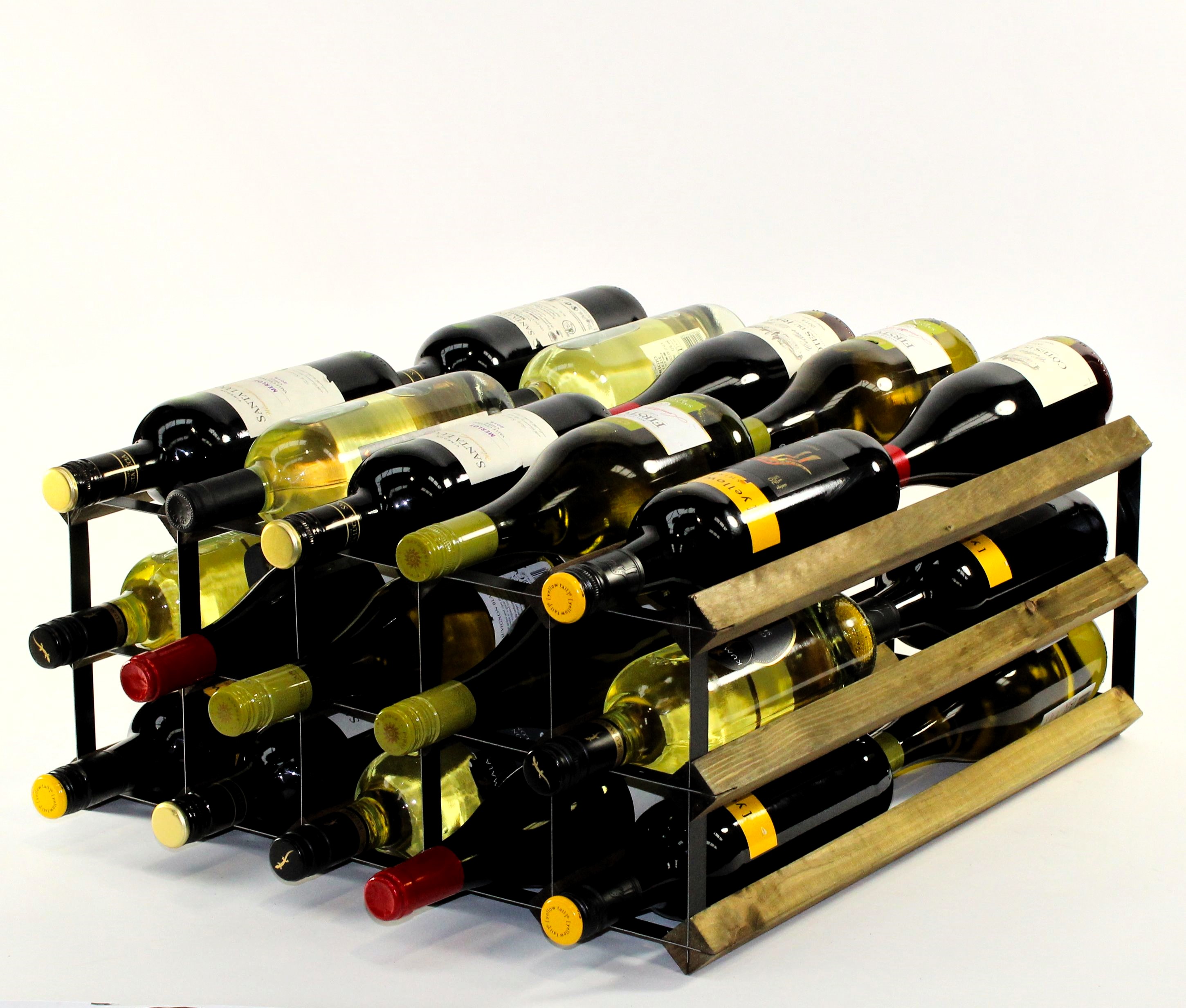 Double depth 30 bottle wine rack - Walnut stain wood - Black metal