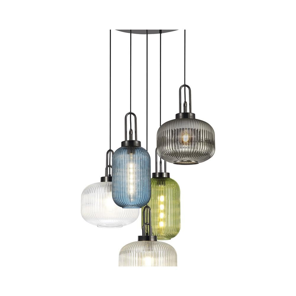 Luxuria Kennith 75cm 2.5m Round Pendant 5 Light E27 With Various Glasses Black Chrome/Smoked/Petrol Blue/Green/Clear/Champagne