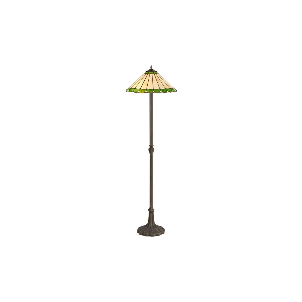 Luxuria Sleek 2 Light Leaf Design Floor Lamp E27 With 40cm Tiffany Shade Green/Cream/Crystal/Aged Antique Brass