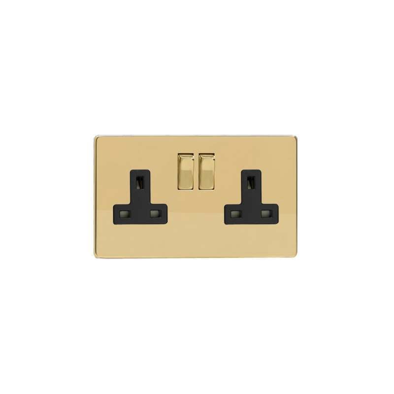 Varilight Screw Less Polished Brass 2G 13A Switched Socket Black