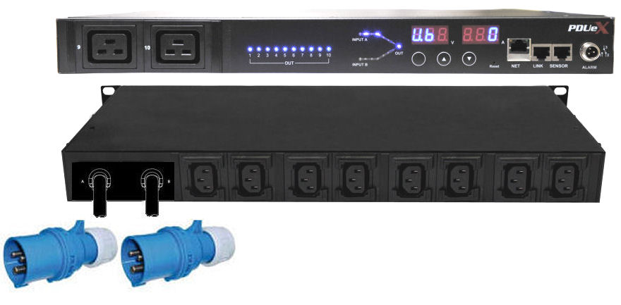 KWX-ATS32A8x2H2 PDUeX Auto Transfer Switch 2 x Inputs 32A IND309 to 8xC13 &#43; 2xC19 Lockable Outlets, Surge Protected and High speed (8-12 ms Switching ) 32 Amp Feed KWX-N2 Range