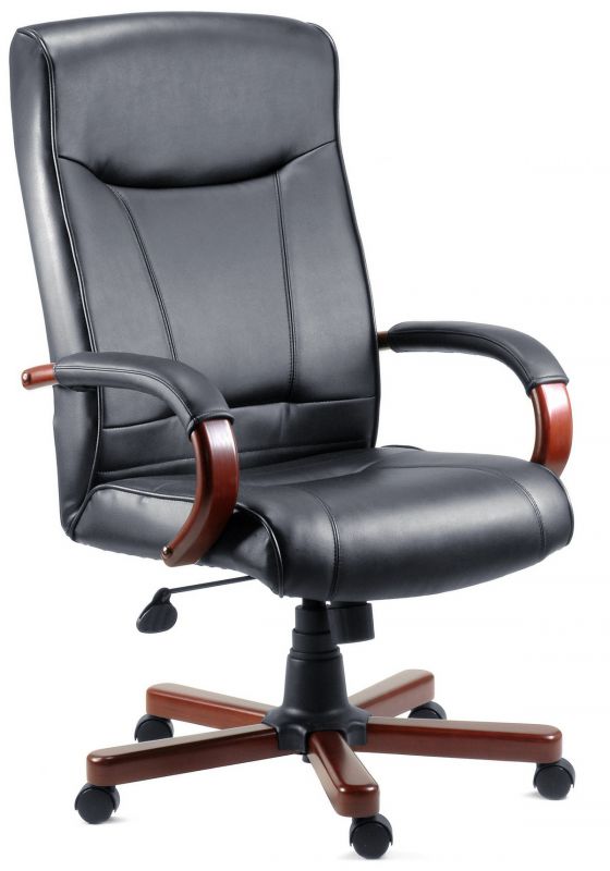 Black Bonded Leather Office Chair - Mahogany or Light Oak Wood Option - KINGSTON Huddersfield