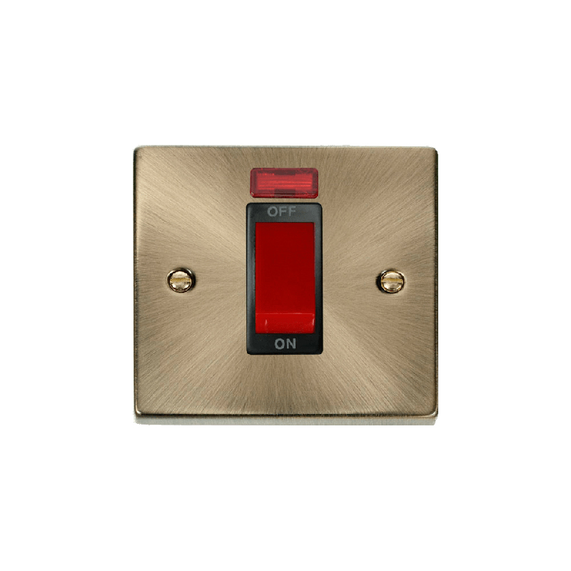 Click Deco 1 Gang 45A DP Switch with Neon Antique Brass Insert Black