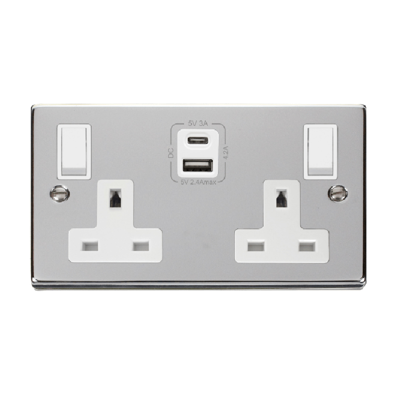 Click Deco 2G 13A Switched Socket With Type A & C USB 4.2A Outlets Polished Chrome Insert White