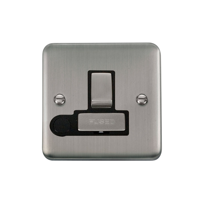 Click Deco Plus Switched Fused Spur Stainless Steel Black Inserts Flex Outlet