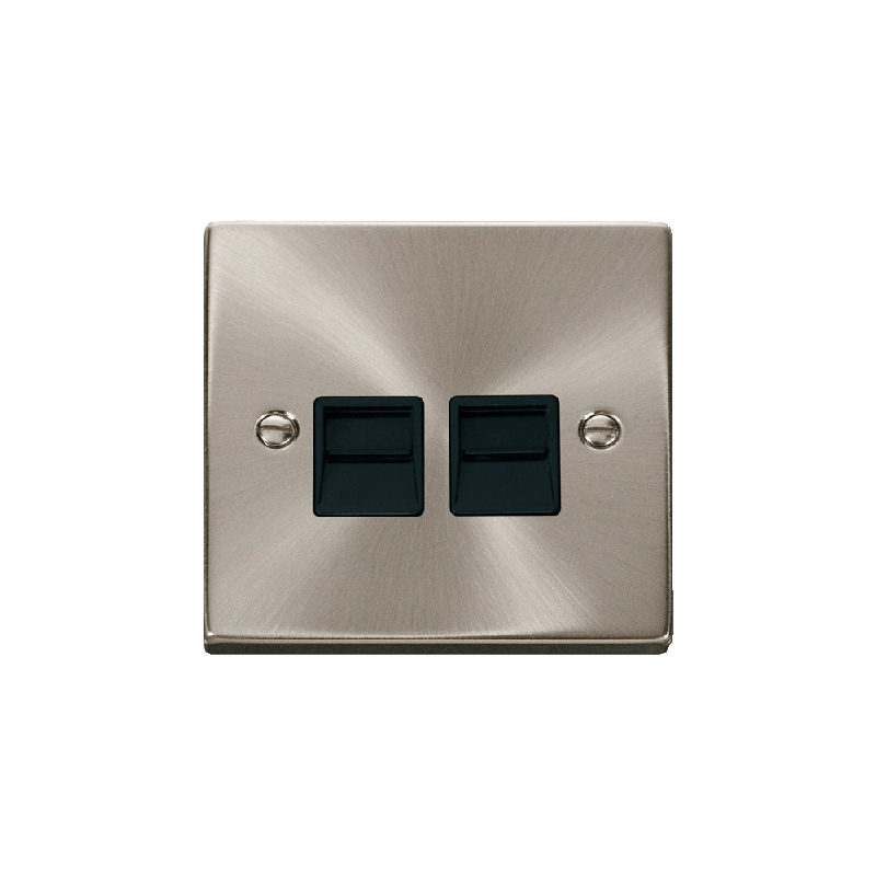 Click Deco Twin Telephone Socket Outlet Secondary Satin Chrome Insert Black