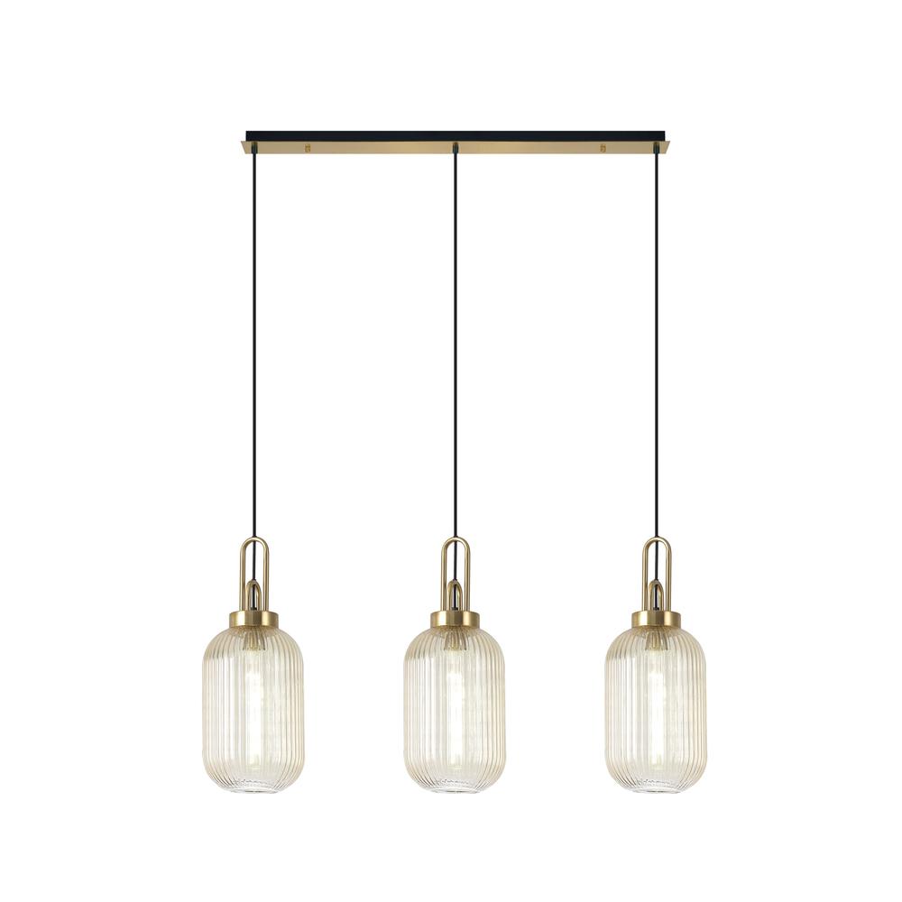 Luxuria Kennith Linear 3 Light Pendant E27 With 20cm Tubular Ribbed Glass Champagne Brass Gold/Matt Black