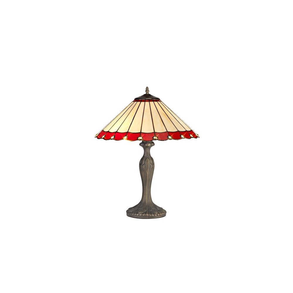 Luxuria Sleek 2 Light Curved Table Lamp E27 With 40cm Tiffany Shade Red/Cream/Crystal/Aged Antique Brass