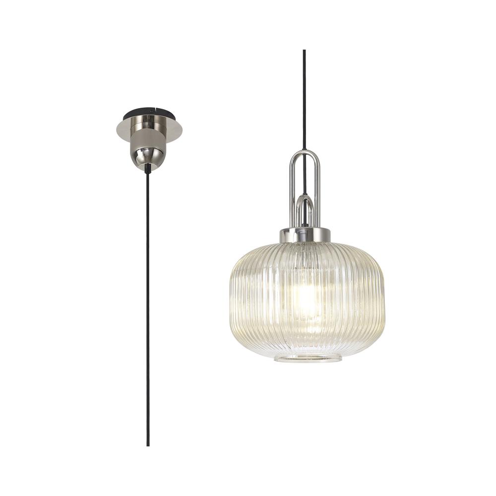 Luxuria Kennith Pendant Light E27 With 30cm Pumpkin Shaped Ribbed Glass Champagne Polished Nickel/Matt Black