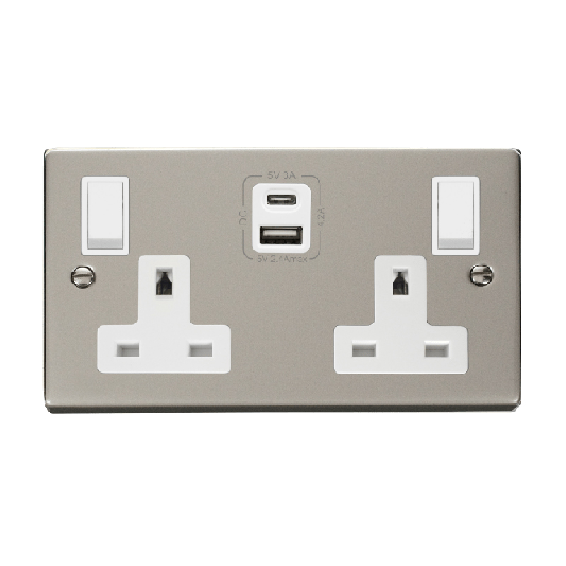 Click Deco 2G 13A Switched Socket With Type A & C USB 4.2A Outlets Pearl Nickel Insert White