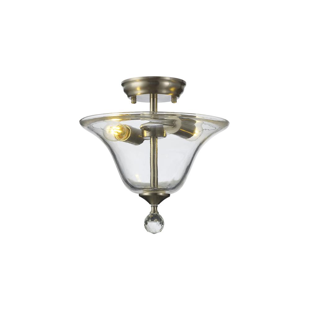 Luxuria Sirius Flush Ceiling Light 2xE27 With Smooth Bell 30cm Glass Shade Satin Nickel/Clear