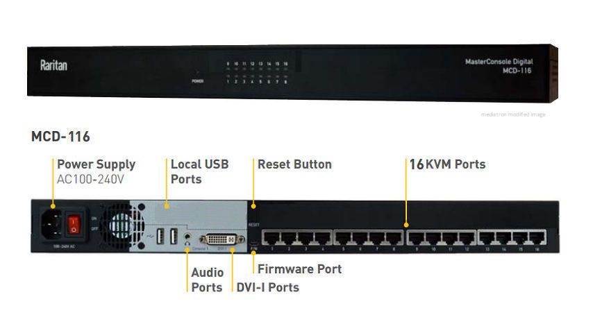 MCD-116 Raritan MasterConsole Digital KVM switch 1 User, 16 Ports,UTP, 1920 x 1200 75Hz (VGA)/1920 x 1080 60Hz (DVI) Video Resolution ( DVI KVM Switch ) HDMI KVM, DisplayPort KVM