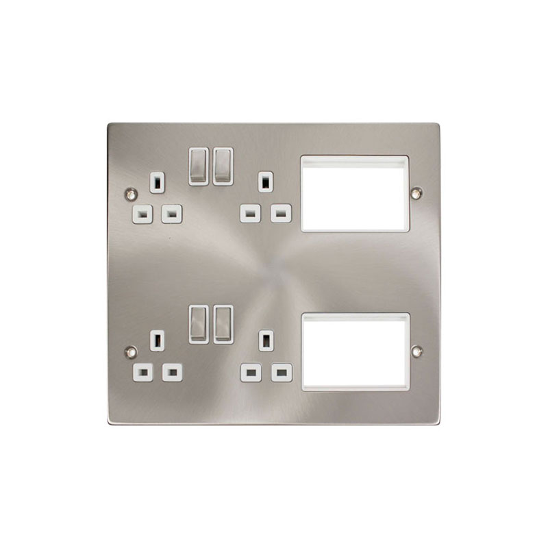 Click New Media 4 x 13A DP Switched Socket Outlets Front Plate Satin Chrome With Insert White