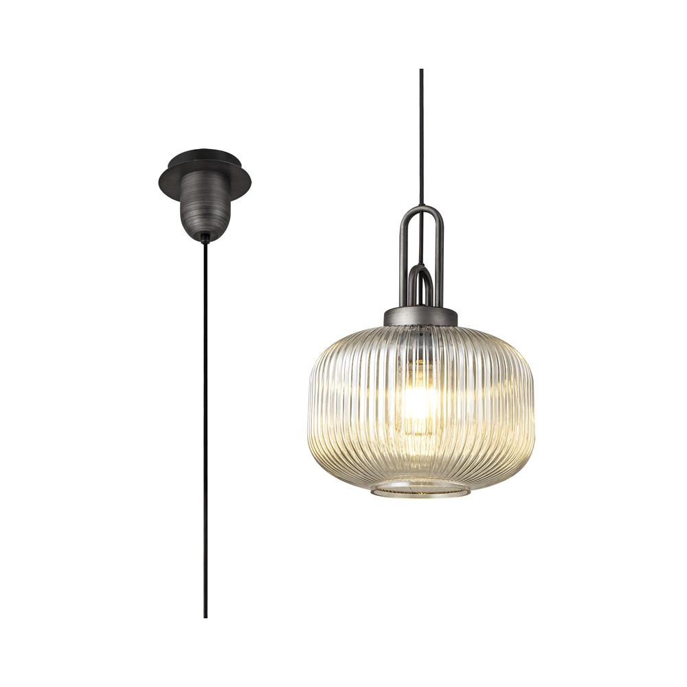 Luxuria Kennith Pendant Light E27 30cm Pumpkin Shaped Ribbed Glass Champagne Black/Aged Pewter