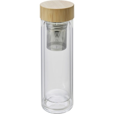 GLASS AND BAMBOO BOTTLE with Tea Infuser (420 Ml) in Brown.