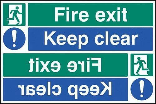 Fire exit keep clear reflection sign