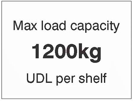 Max load capacity 1200kg UDL per shelf, 100x75mm magnetic PVC