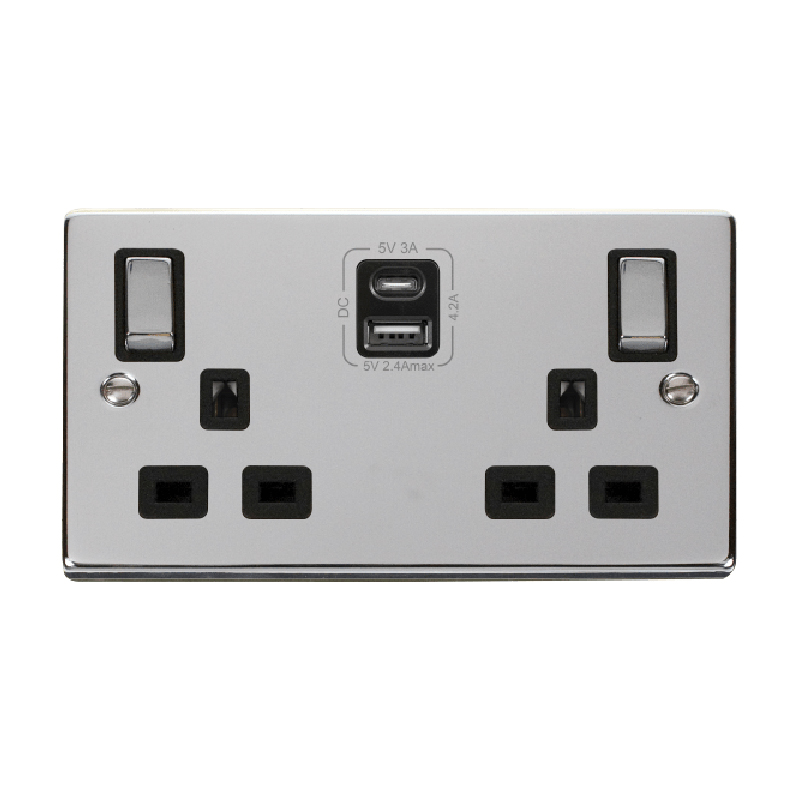 Click Deco 13A Ingot 2G Switched Socket With Type A & C USB 4.2A Outlets Polished Chrome Insert Black