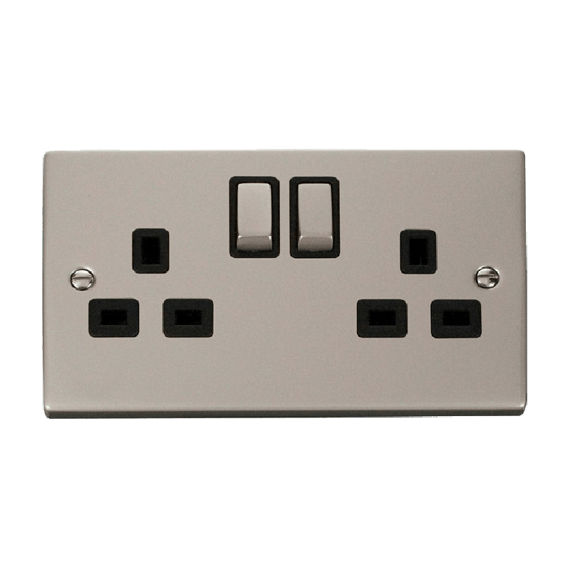 Click Deco 2 Gang 13A DP 'Ingot' Switched Socket Outlet (Twin Earth) Pearl Nickel Insert Black