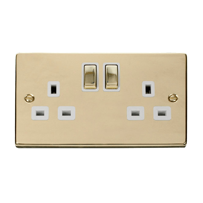 Click Deco 2 Gang 13A DP 'Ingot' Switched Socket Outlet (Twin Earth) Polished Brass Insert White