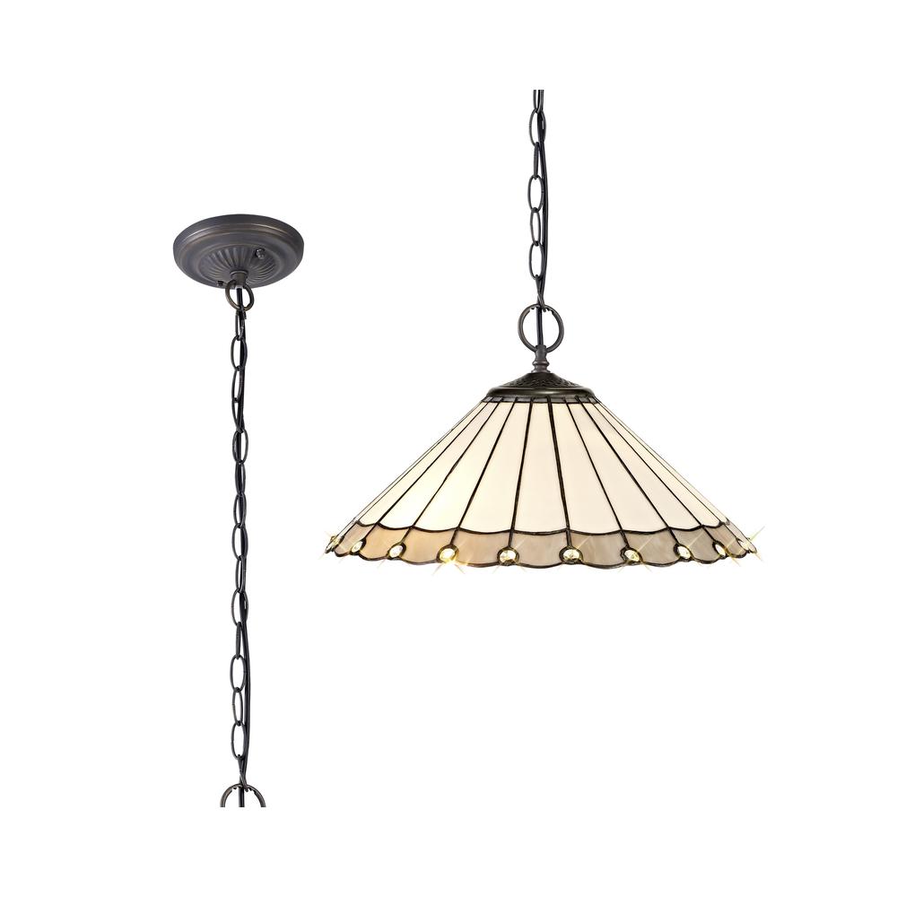 Luxuria Sleek 40.5cm 2 Light Downlighter Pendant E27 With 40cm Tiffany Shade Grey/Cream/Crystal/Aged Antique Brass