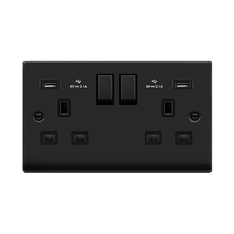 Click Deco 13A Ingot 2G Switched Socket With Twin USB 4.2A Outlets Matt Black Insert Black