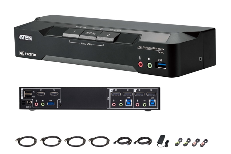 CM1942 - Aten - 2 Port 4K DisplayPort KVM, DP Dual Display, Mini-Matrix Boundless, 4K KVM Switch with Cables (All-In-One).