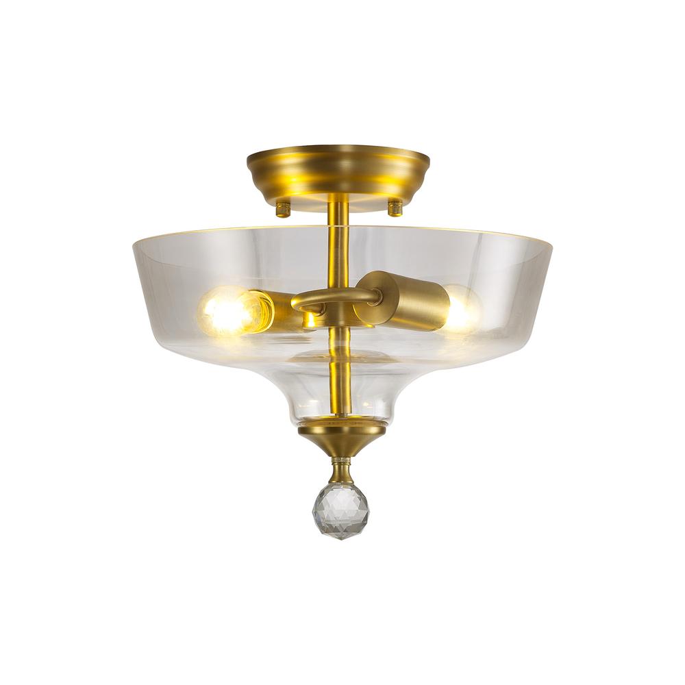 Luxuria Sirius Flush Ceiling Light 2xE27 With Flat Round 30cm Glass Shade Satin Gold/Clear