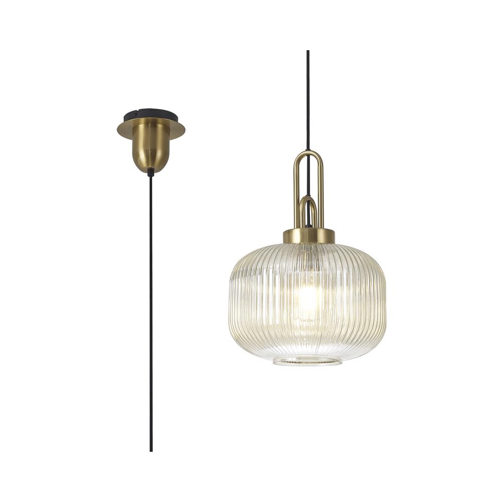 Luxuria Kennith Pendant Light E27 With 30cm Pumpkin Shaped Ribbed Glass Champagne Brass Gold/Matt Black