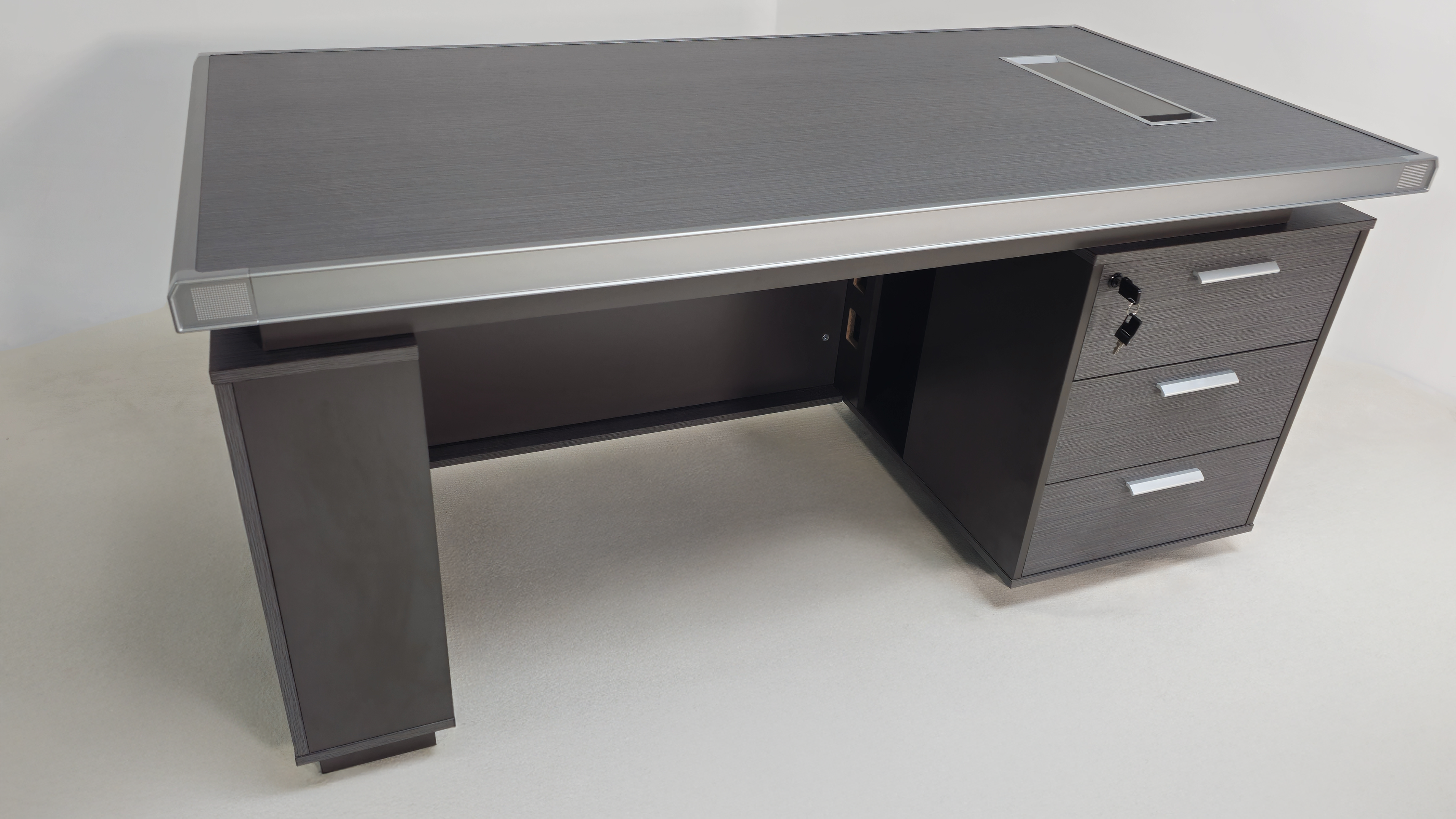 Suppliers Of Modern Grey Oak Melamine Office Desk with Integrated Storage & Aluminium Trim – Straight Design - 1400mm, 1600mm, 1800mm - DGWK-S-D05 UK