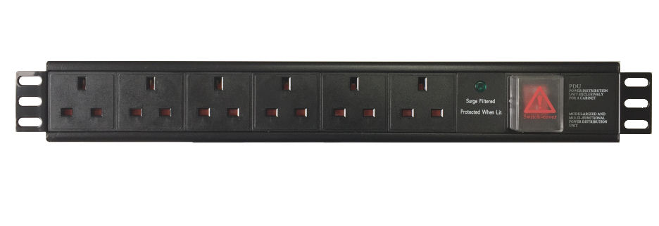 PDU-H-UKS-6-UKP-FIL Filtered 6 Way Horizontal UK Socket Filtered PDU to UK 13A Plug 1U Rackmount Power Distribution Unit 6 Port PDU ( Filter Surge Protected PDU )