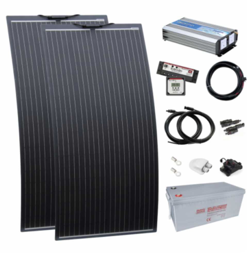 2kw complete dual battery van conversion kit with 2 x 160w black semi-flexible solar panels, 200ah 12v battery and 2000w 230v pure sine wave inverter VANDBKIT-2000