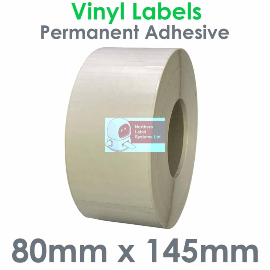 080145MVNPW1-1000,  80mm x 145mm,  Matt White Vinyl Label, Permanent Adhesive, FOR LARGER LABEL PRINTERS