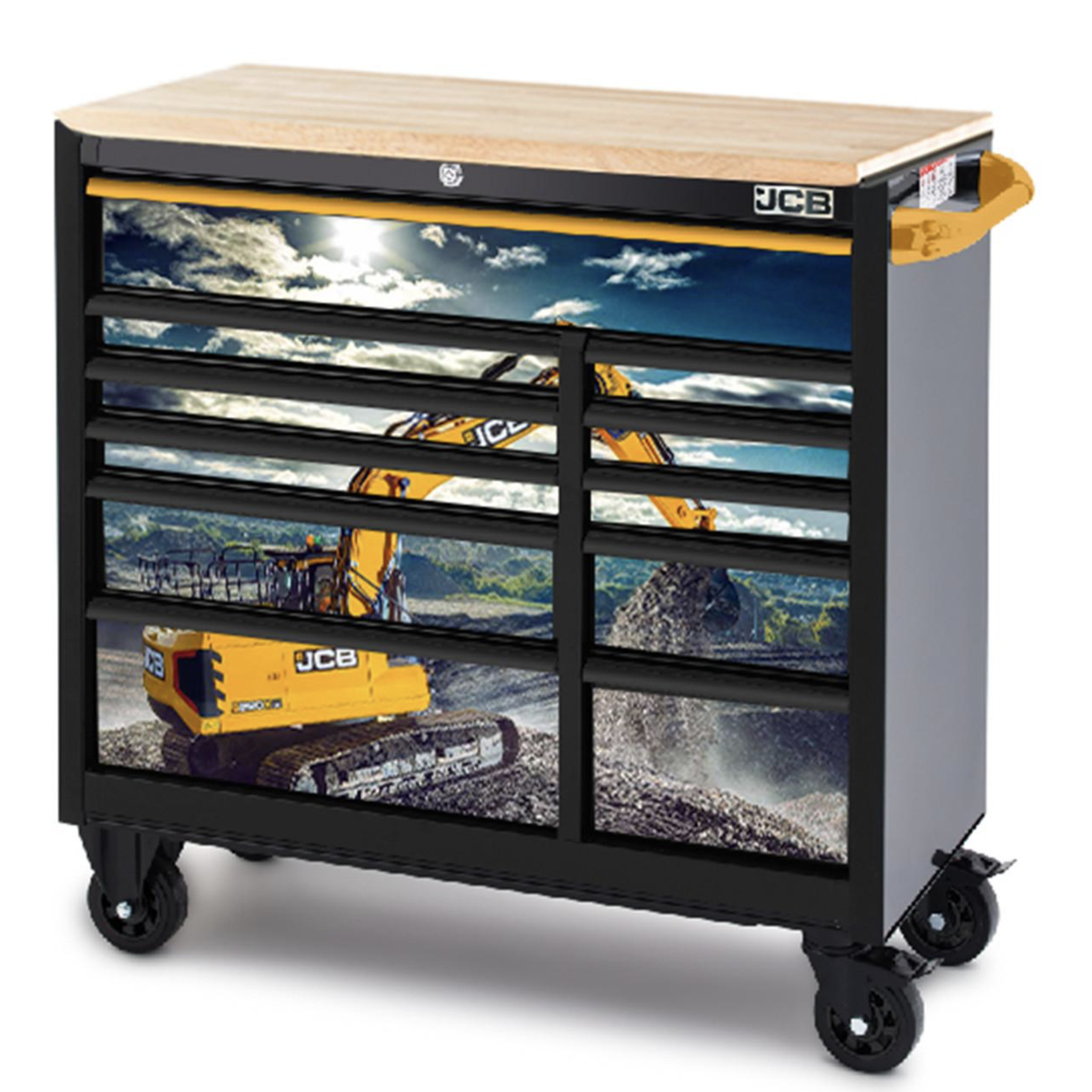 JCB 42’’ Roller Tool Cabinet, 11 Drawers, Steel With Hardwood Worktop And Excavator Wrap 