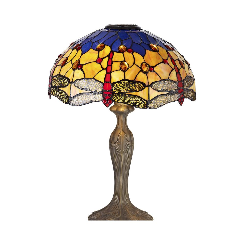 Luxuria Broadway 2 Light Curved Table Lamp E27 With 40cm Tiffany Shade Blue/Orange/Crystal/Aged Antique Brass