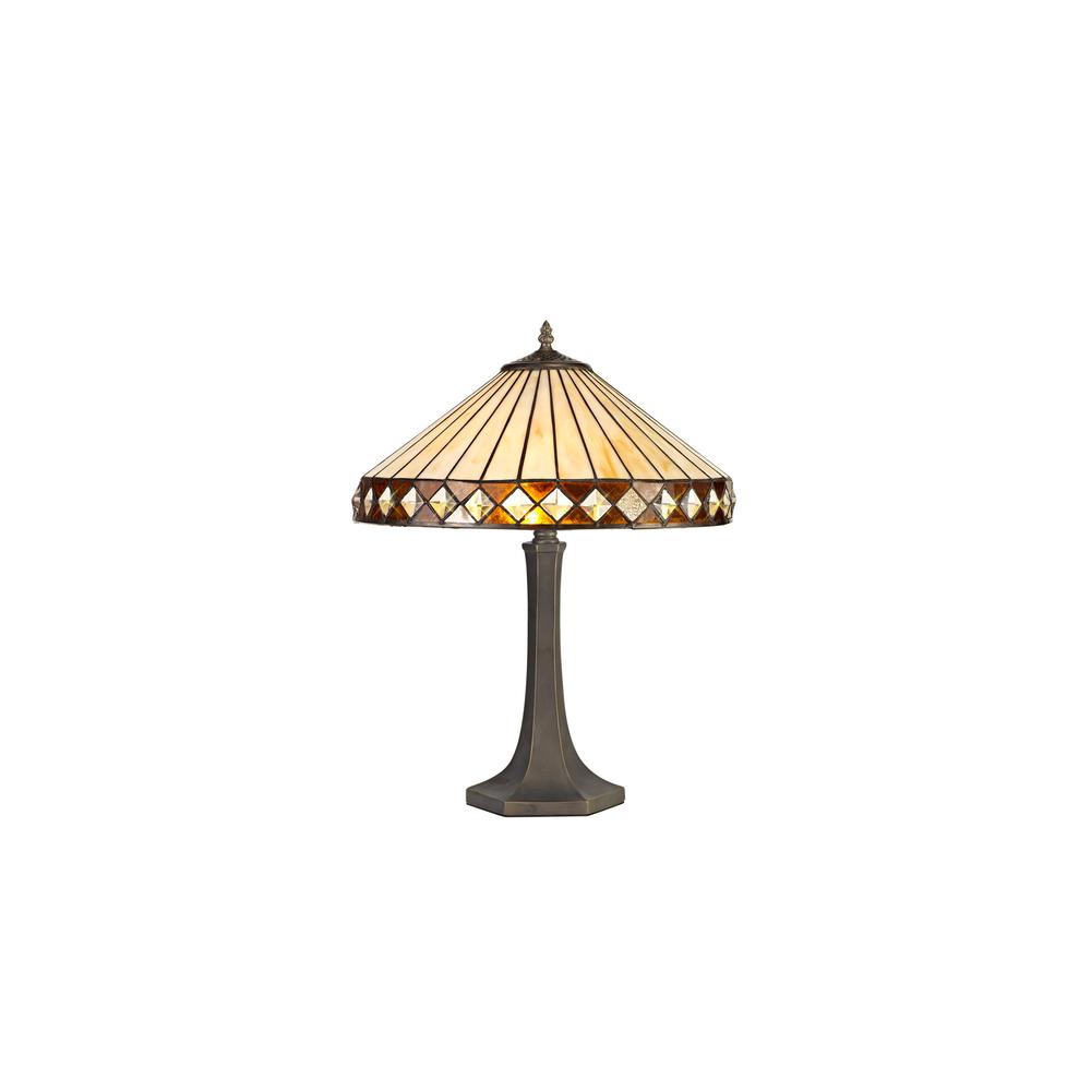 Luxuria Peacock Feather 2 Light Octagonal Table Lamp E27 With 40cm Tiffany Shade Amber/Cream/Crystal/Aged Antique Brass