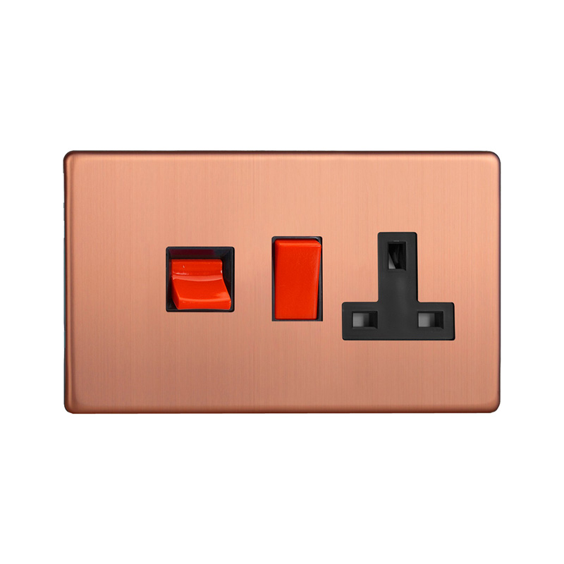 Varilight Urban 45A Cooker Panel with 13A DP Switched Socket Red Rocker Brushed Copper Screw Less Plate