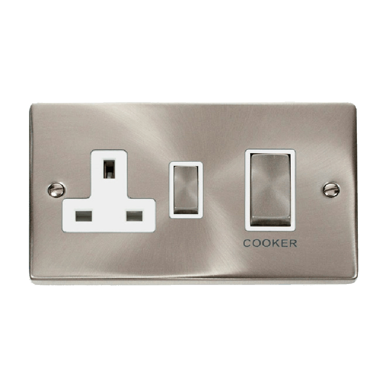 Click Deco 45A Ingot DP Switch with 13A Switched Socket Satin Chrome Insert White